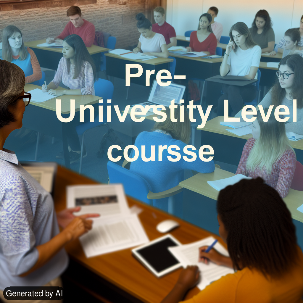 An image for a pre-university level course. The scene is an academic environment, showing elements such as classrooms, study material on desks, and students engaged in learning. There might be an educator at the front, delivering lectures. The image should reflect diversity, including students of different descents like Hispanic, South Asian, Middle Eastern, Black, White, and so on. The educator can be a Caucasian woman, to exemplify female empowerment in academia. Please note this is a modern setting, so the materials and setting should reflect current educational practices. - Generated by AI